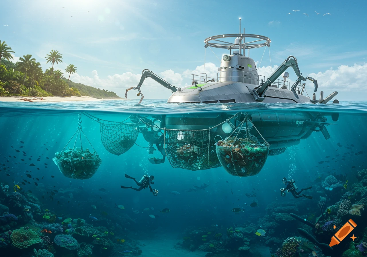 Futuristic submarine with robotic arms and nets collecting trash from a clear blue ocean, with divers and coral reefs near a tropical island.