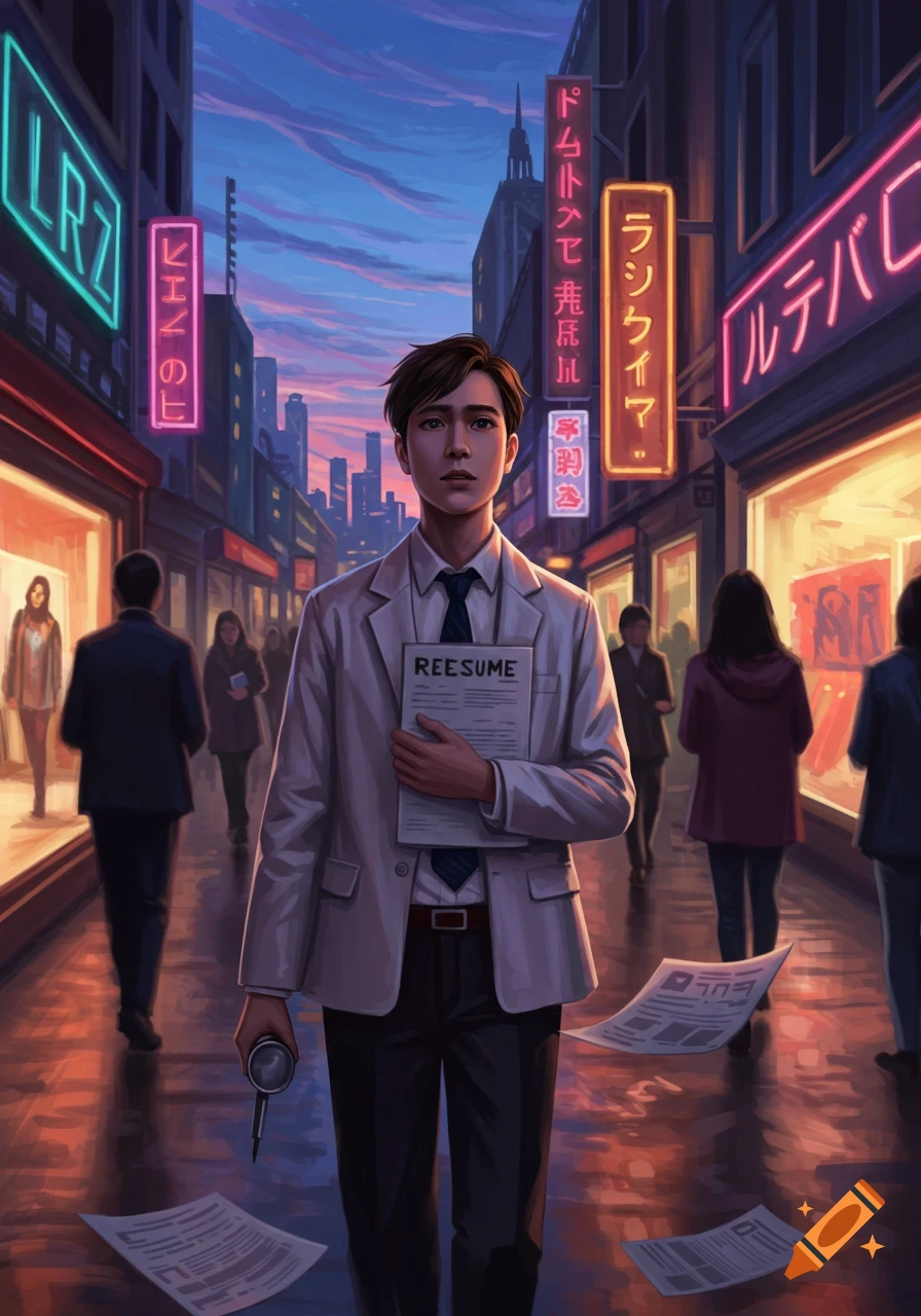 A man in a suit jacket holding a document labeled 'REESUME' walks down a neon-lit city street at dusk, papers scattered, digital art.