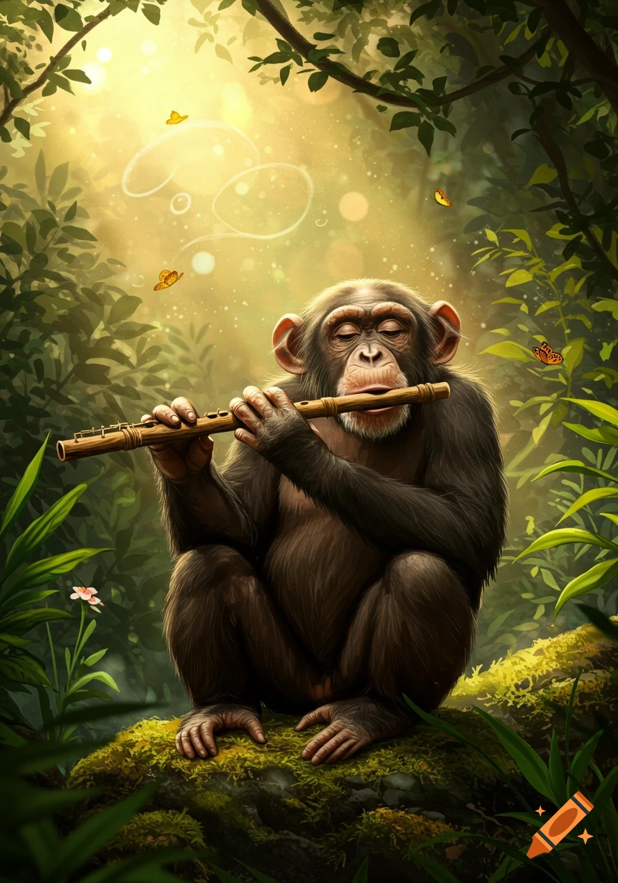A chimpanzee plays a wooden flute with closed eyes on a mossy log in a vibrant, sunlit jungle, with butterflies.