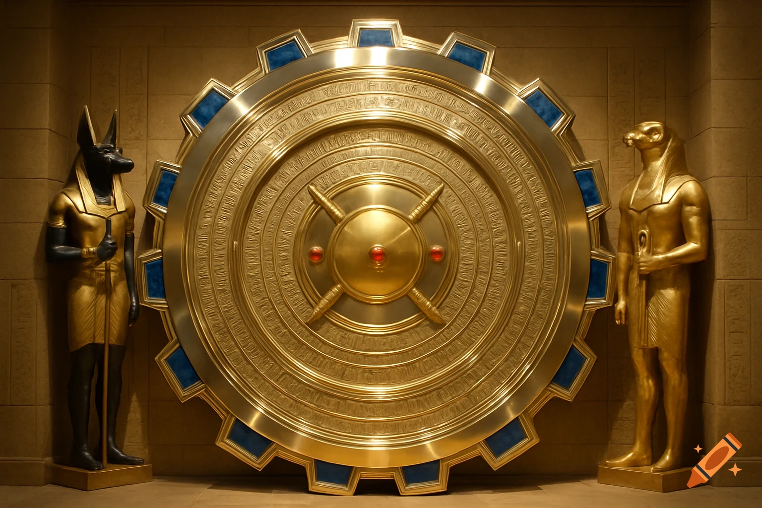 A golden ancient Egyptian vault door flanked by black and gold statues of Anubis and Horus, set in a sandstone temple.