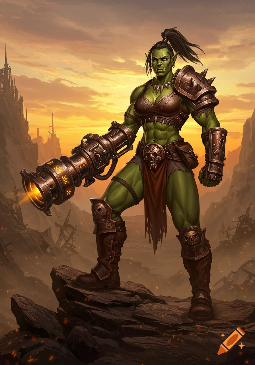 A muscular green female orc warrior with a large cannon for an arm stands on a rocky outcrop under an orange sky, in a fantasy art style.