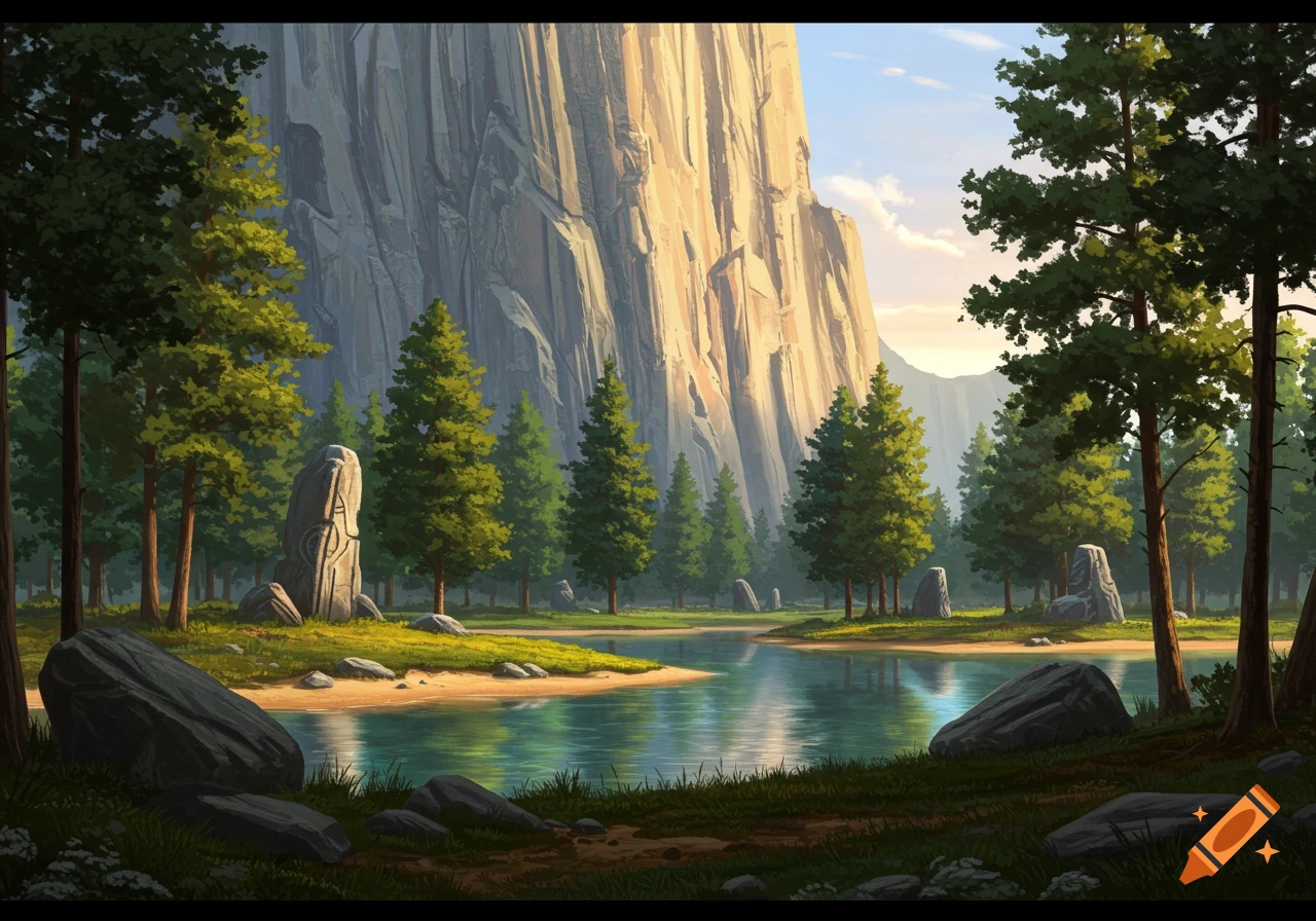 An illustrative landscape with a towering rock cliff, a serene lake, tall pine trees, and large boulders under a clear sky.