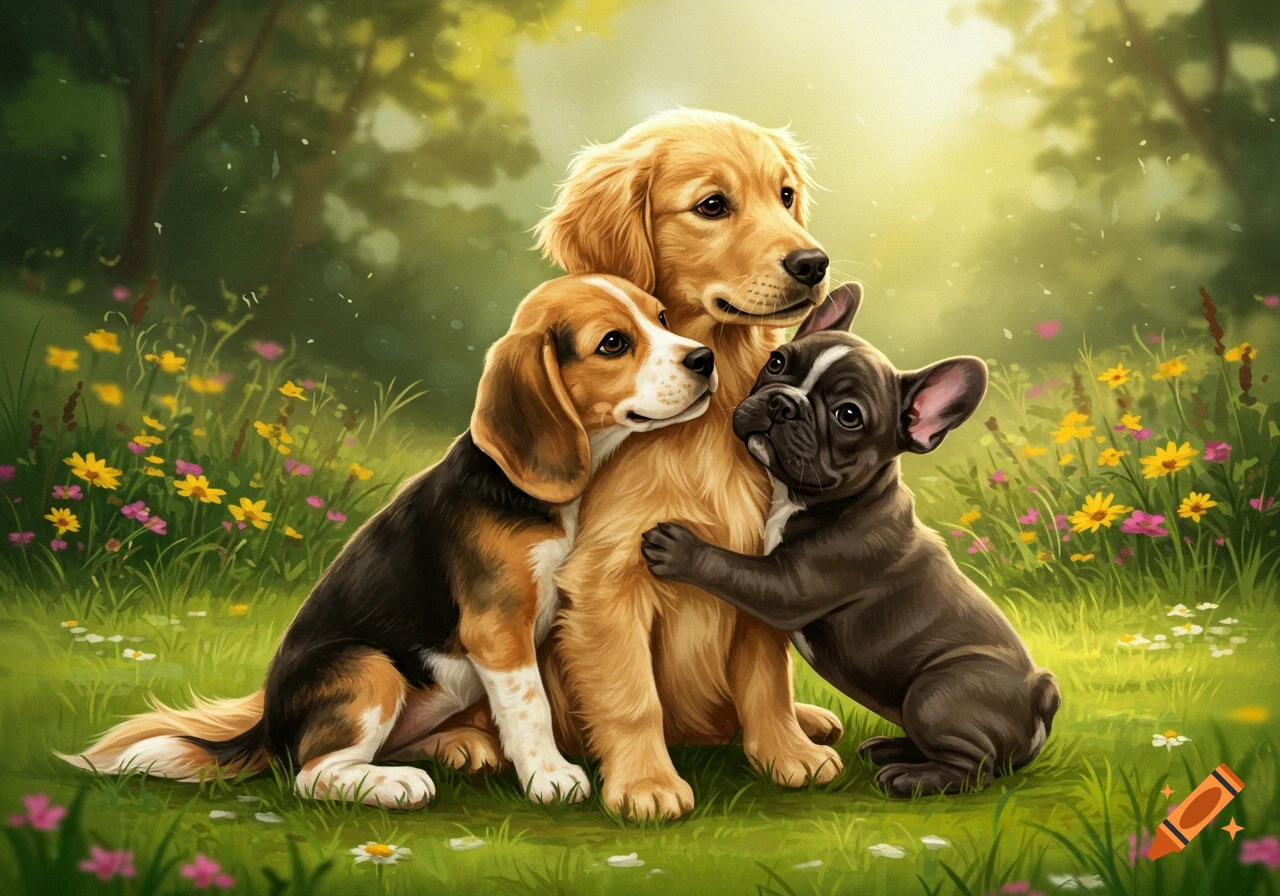 A golden retriever, beagle, and French bulldog hug in a sunny, green field with colorful wildflowers, painted in an illustration style.