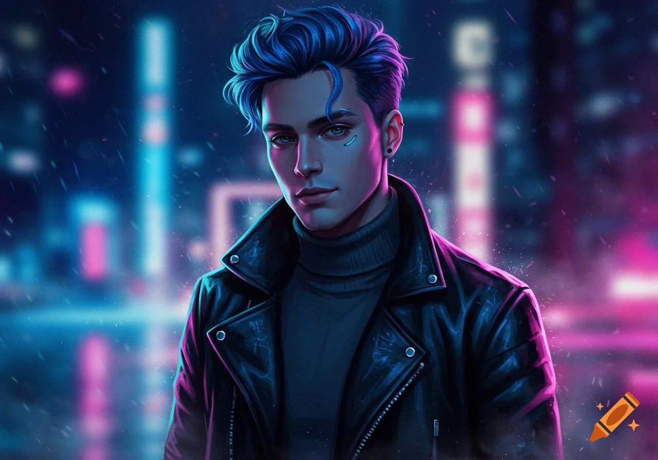Digital art portrait of a man with blue hair and a black leather jacket against a neon-lit cyberpunk city background.