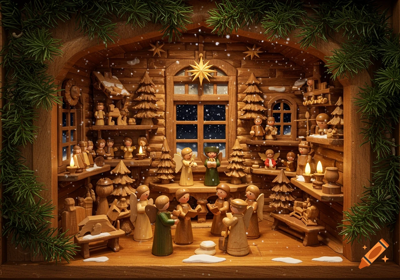 A detailed wooden Christmas scene in an Erzgebirge style, featuring carved figures, trees, and buildings under falling snow.