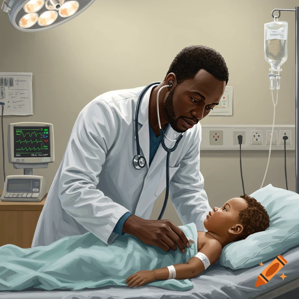 A Black male doctor examines a child in a hospital bed, surrounded by medical equipment.