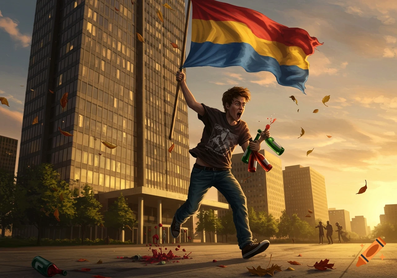 An illustrated image of a young man with a dramatic expression, running with a flag and breaking wine bottles in an urban setting.