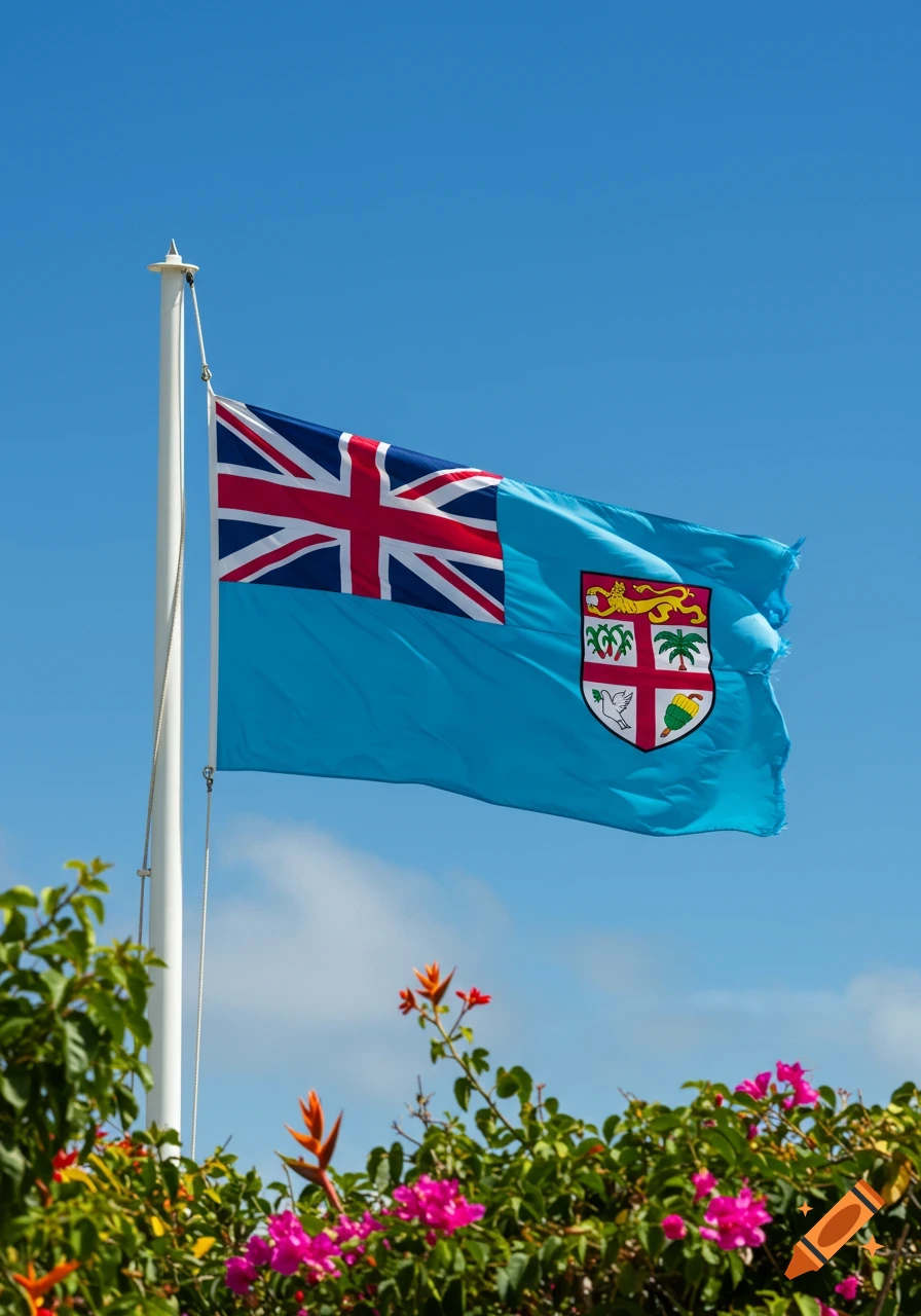 The national flag of Fiji, light blue with the Union Jack and the Fijian coat of arms, flies against a clear blue sky above colorful flowers.