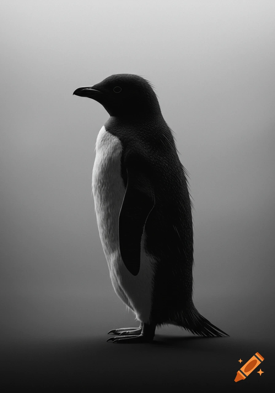 A black and white photograph of a penguin in profile, standing against a light gray background.