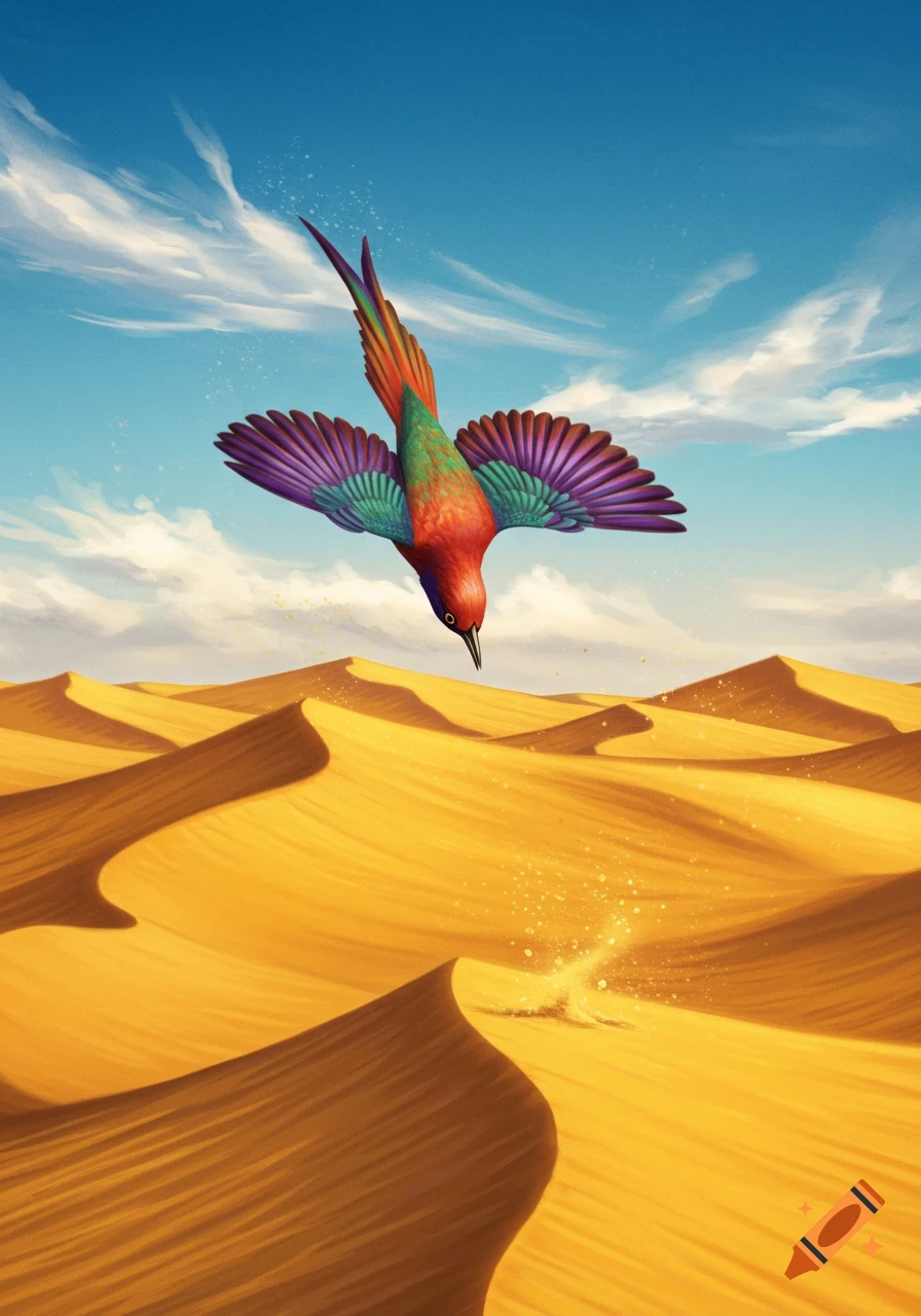 A vibrant red, green, and purple bird dives headfirst into golden desert sand dunes under a blue sky.