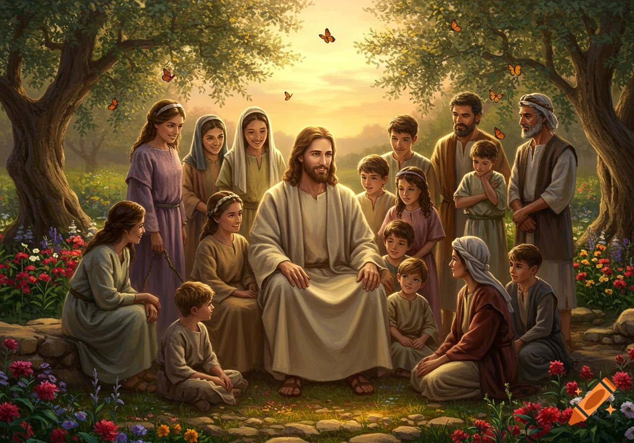 Illustrative painting of Jesus seated in a sunlit garden, surrounded by smiling children and adults, with trees and butterflies.
