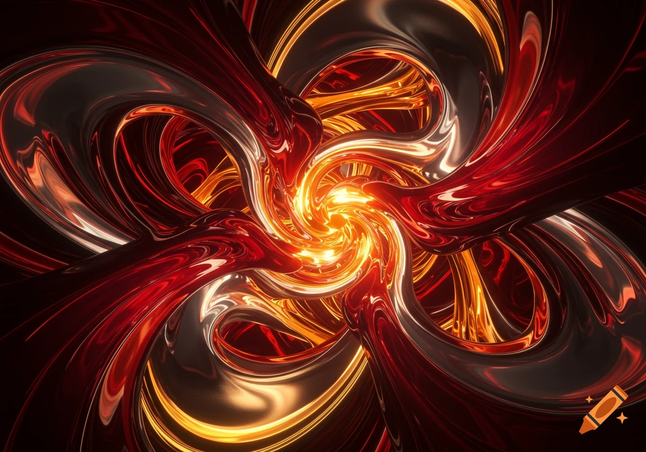 An abstract swirl of red, silver, and gold metallic and glowing liquid forms, centered around a bright orange light.