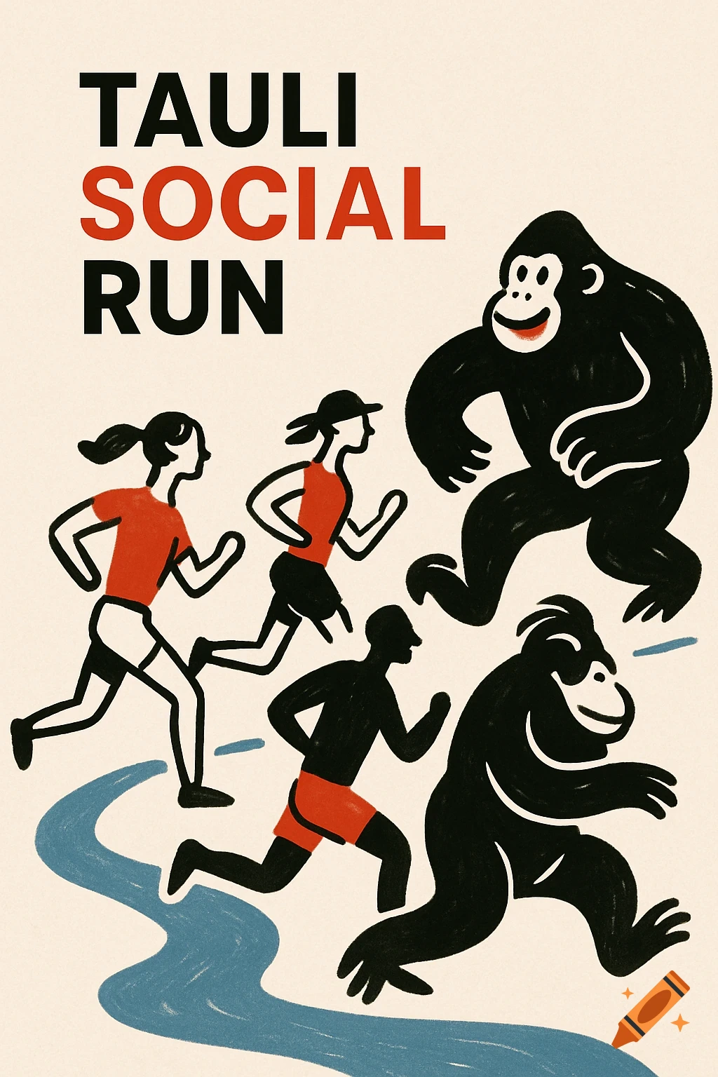 Minimalist illustration of people and gorillas running along a blue river, with 'TAULI SOCIAL RUN' title.