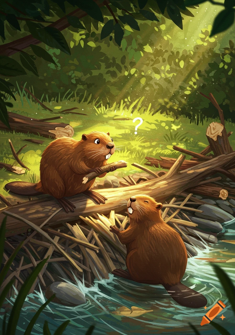Two cartoon beavers at a dam in a lush forest; one holds a log with a question mark, the other sits happily in the water.