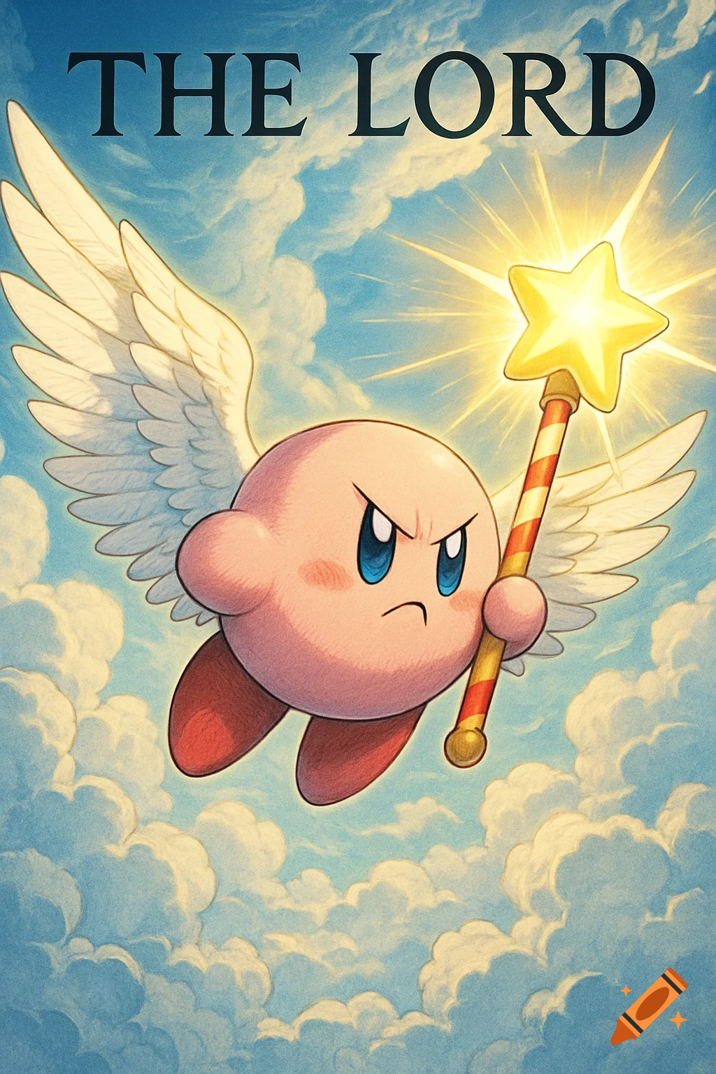 An anime-style image of an angry Kirby with white wings flying in a blue sky with clouds, holding a glowing star rod. Text above reads 'THE LORD'.