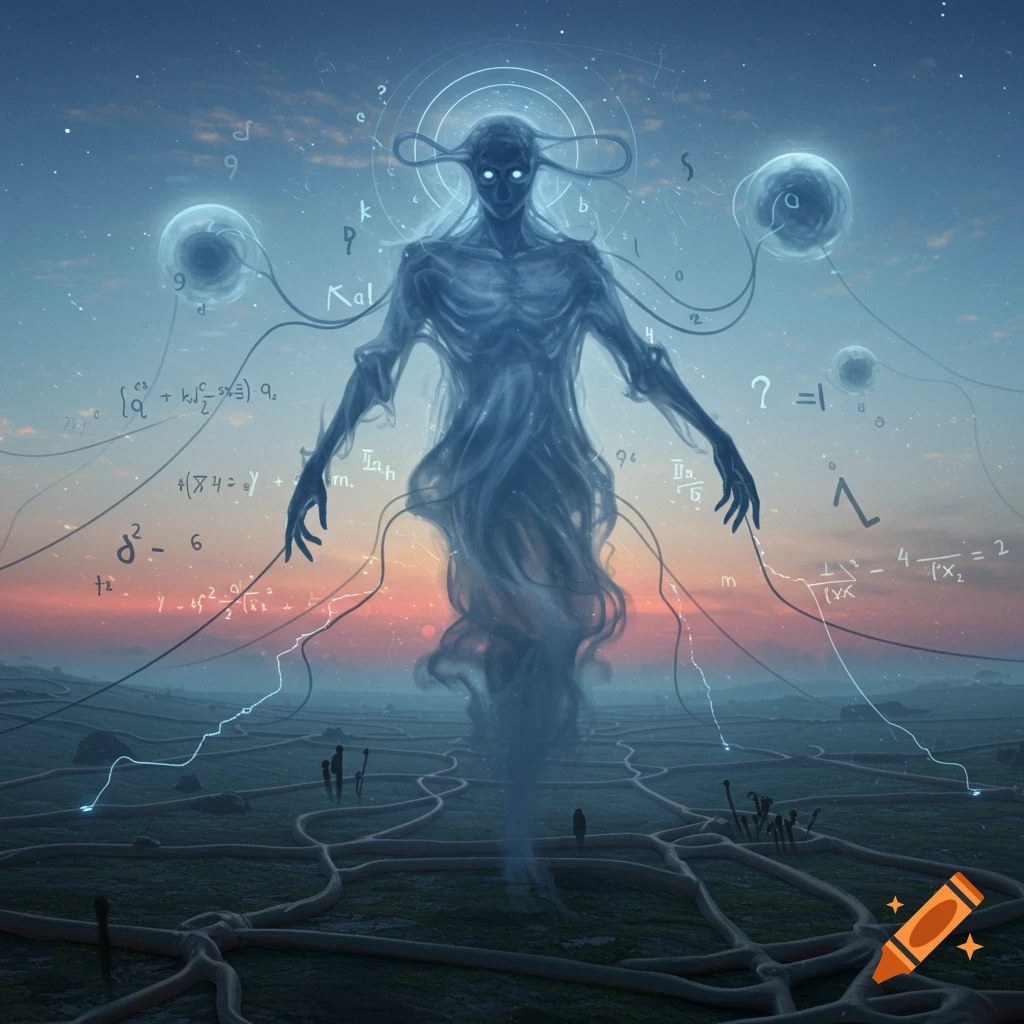 A translucent, glowing blue humanoid figure with bright eyes hovers above a dark, tangled landscape under a twilight sky filled with scattered mathematical equations and symbols.