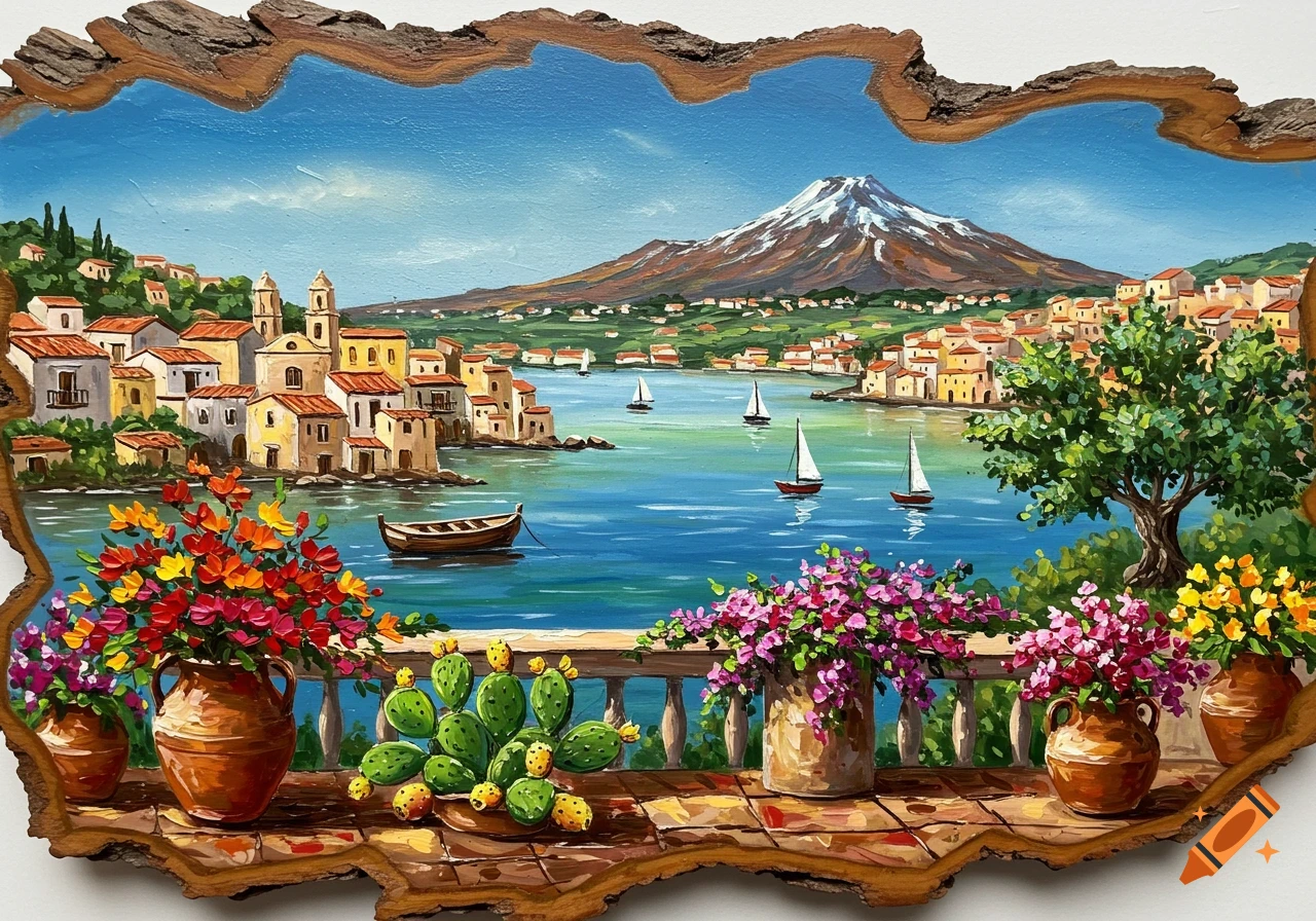 A colorful decorative painting on rustic wood bark depicts a Mediterranean coastal town with red-roofed houses, a bay with boats, Mount Etna, and a balcony with flowers and cacti.