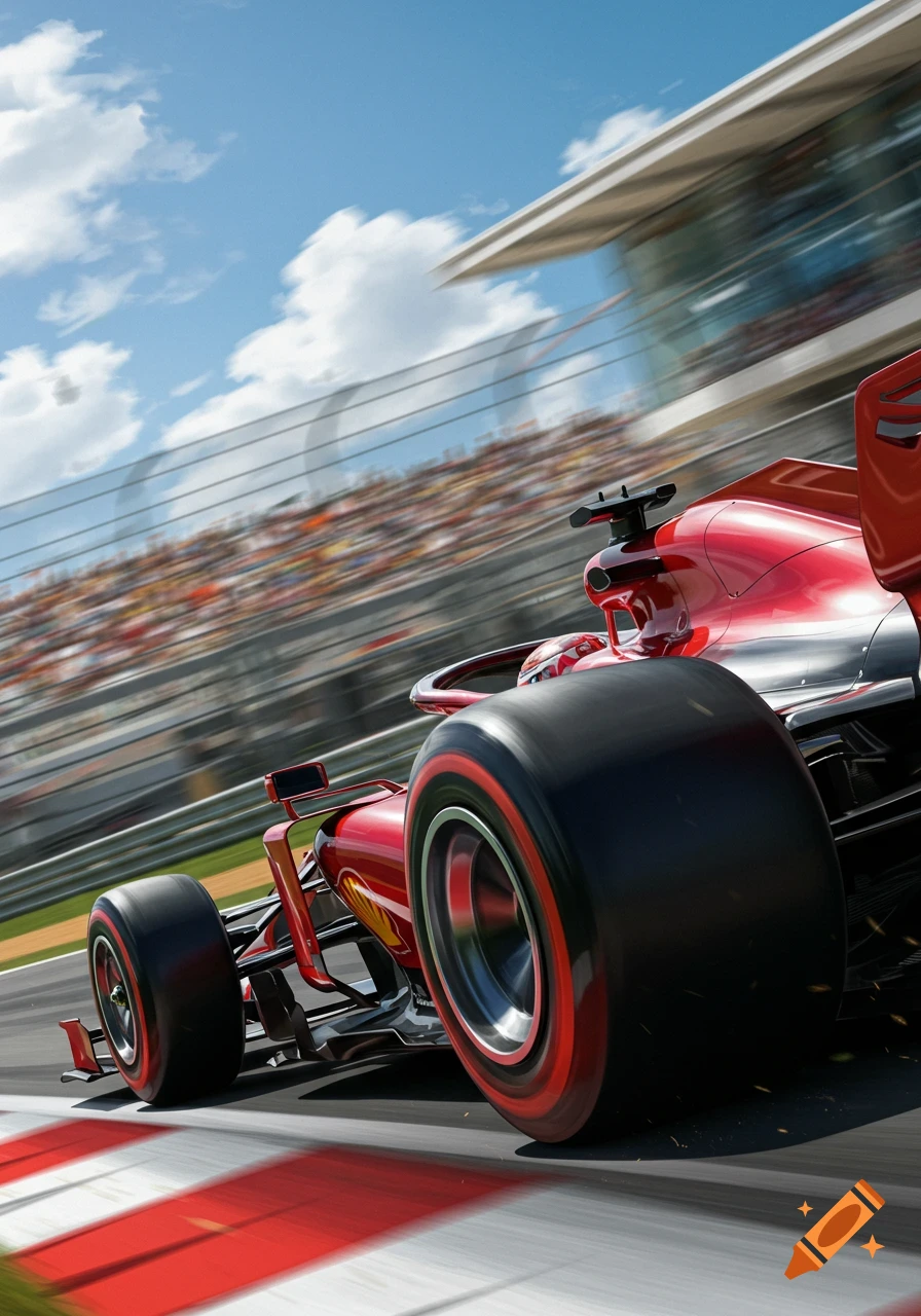 A red Formula 1 race car speeds on a track, viewed from behind with motion blur, audience in the background.
