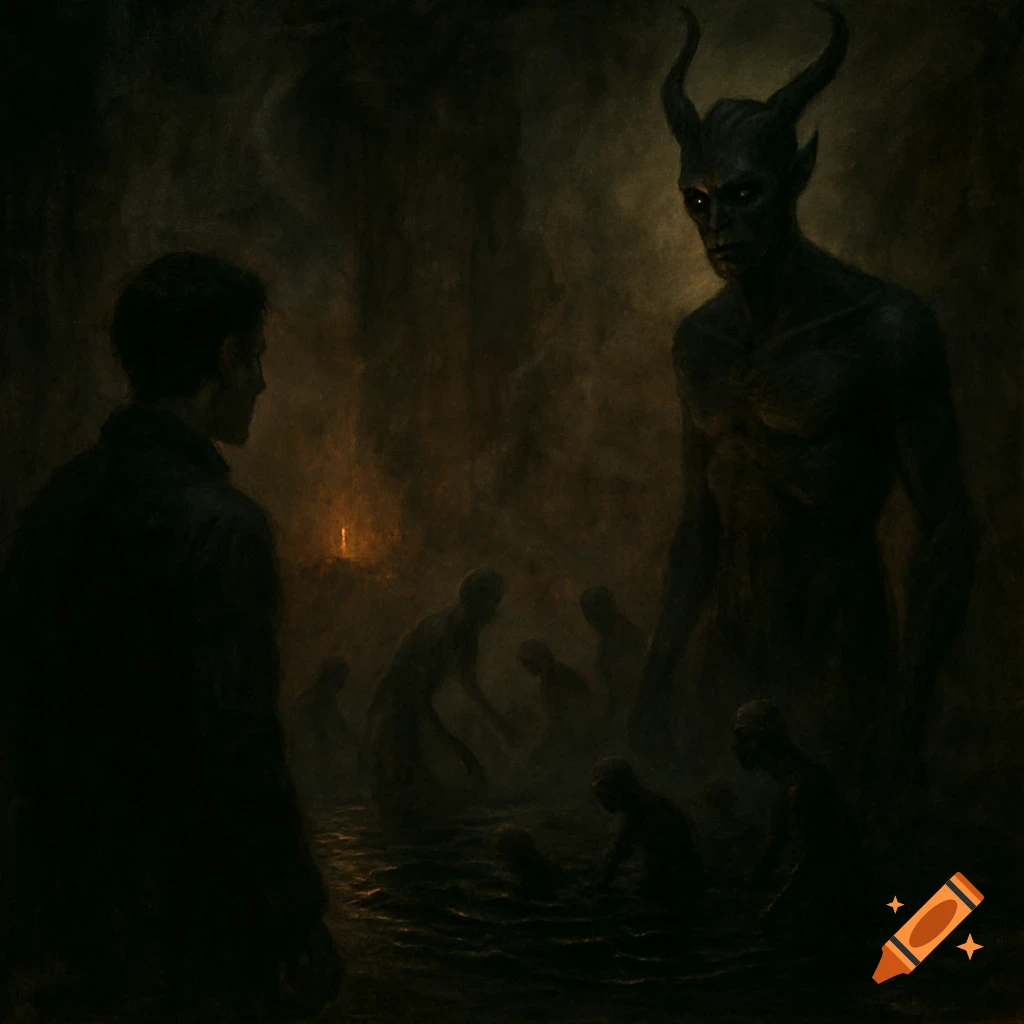 Dark fantasy painting of a man facing a large horned demon with glowing eyes, surrounded by shadowy figures in murky water.