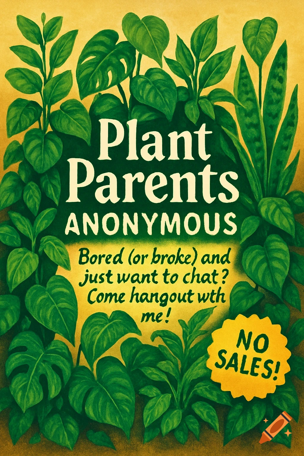 A vintage-style flyer for 'Plant Parents Anonymous' surrounded by various green plants, encouraging chatting and stating 'No Sales!'