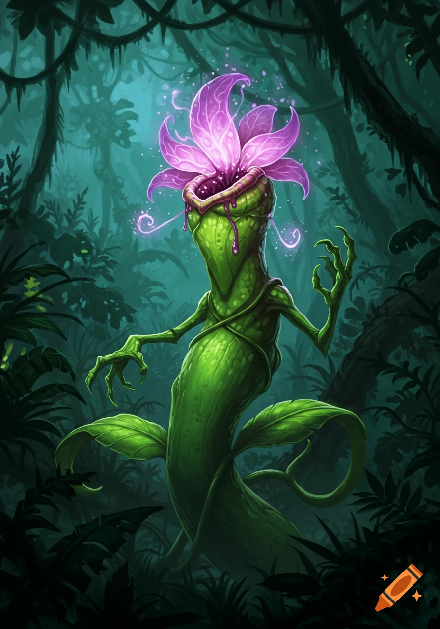 A monstrous green pitcher plant creature with glowing purple petals, dripping goo, and clawed hands in a dark, lush jungle illustration.
