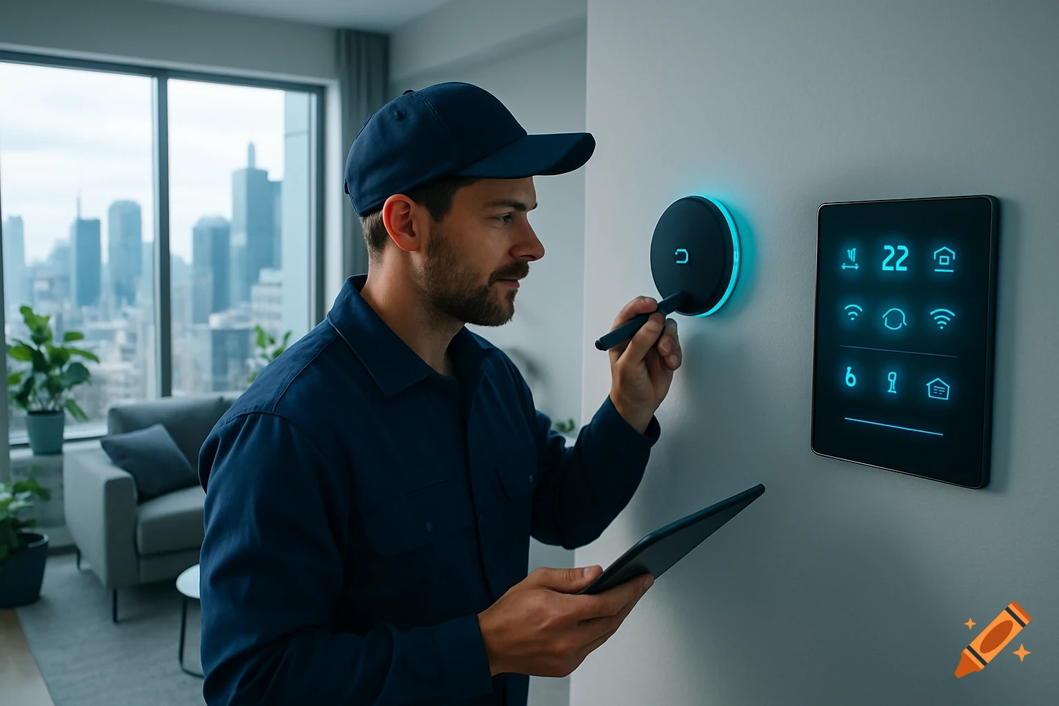 A man in a blue cap and uniform installs a smart home thermostat and control panel, holding a tablet in a modern apartment.