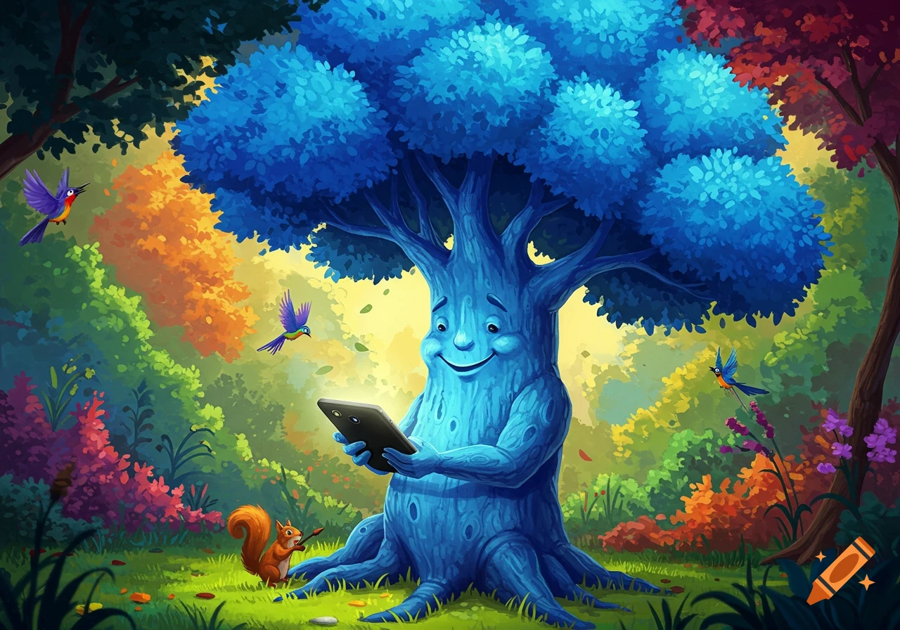 A happy blue cartoon tree with a face and arms sits in a vibrant forest, looking at a black tablet. A squirrel and birds are nearby.