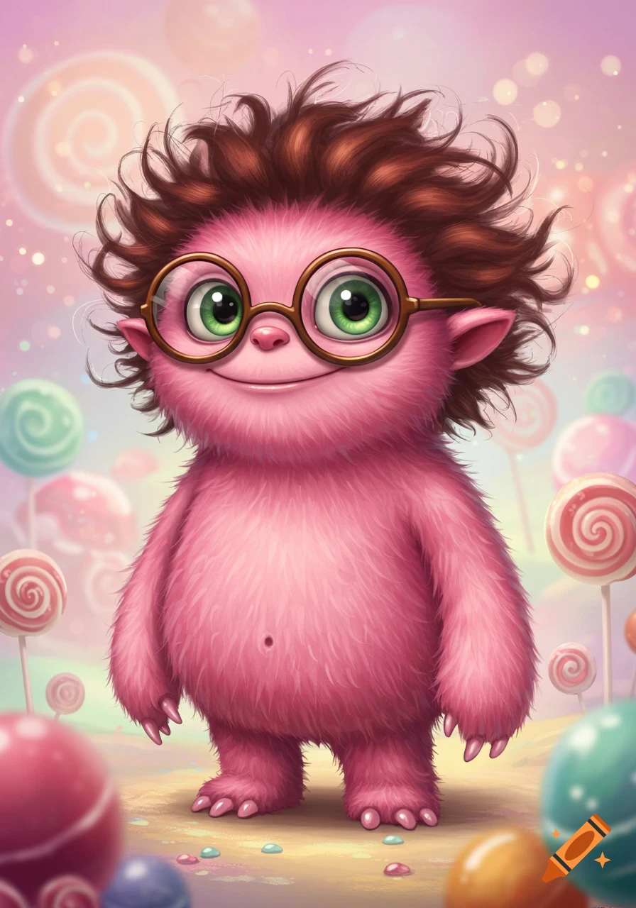 A smiling pink furry monster with brown curly hair, big green eyes, and round glasses in a whimsical candy land.