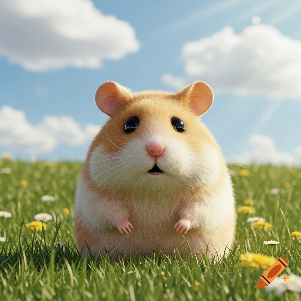 A fluffy, light brown and white hamster with big black eyes stands in a lush green field under a bright blue sky with white clouds.