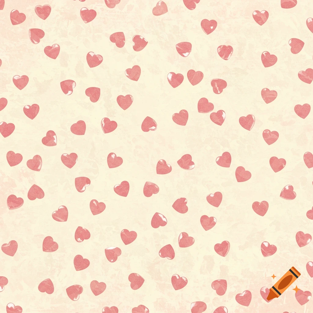 A seamless pattern of numerous small, shiny pink hearts scattered across a textured, light cream background.