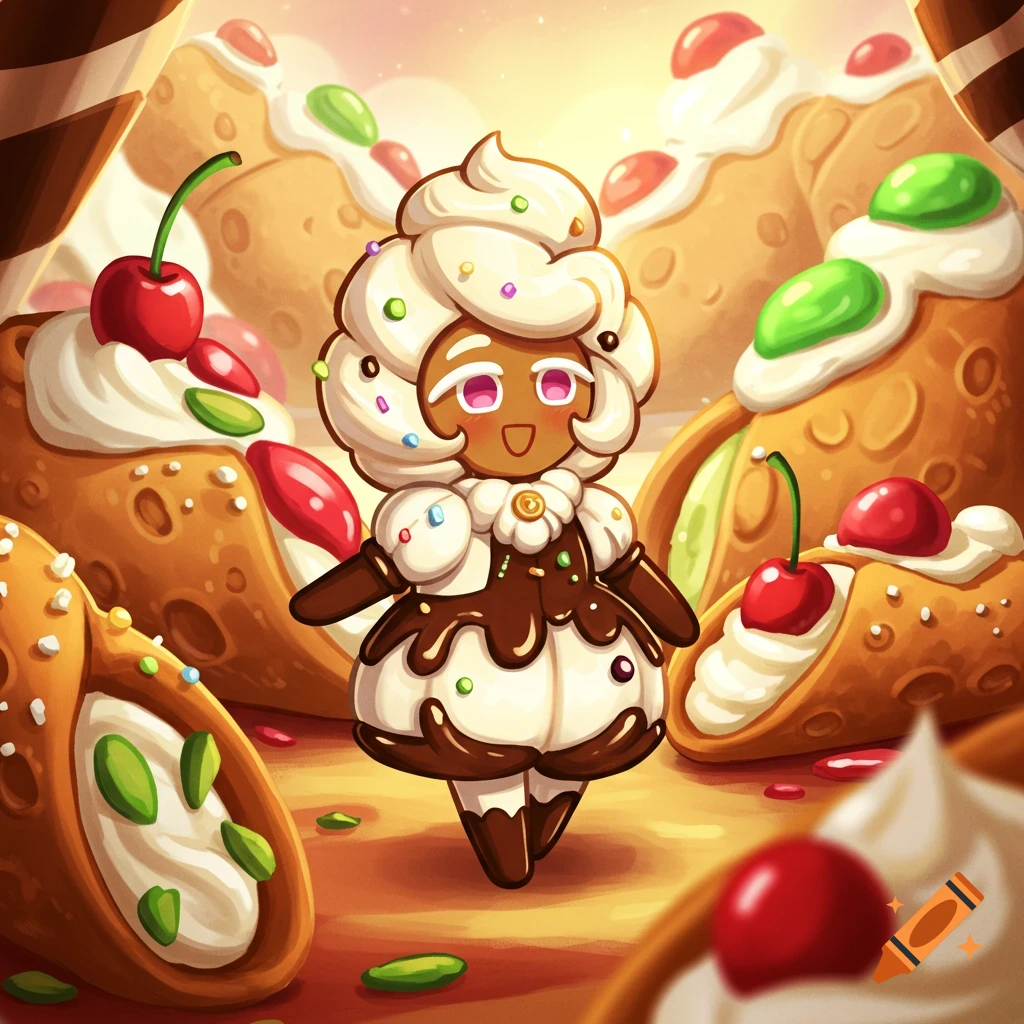 A cheerful, cartoony Cookie Run character, inspired by a cannoli with cream and chocolate, stands among giant cannolis.