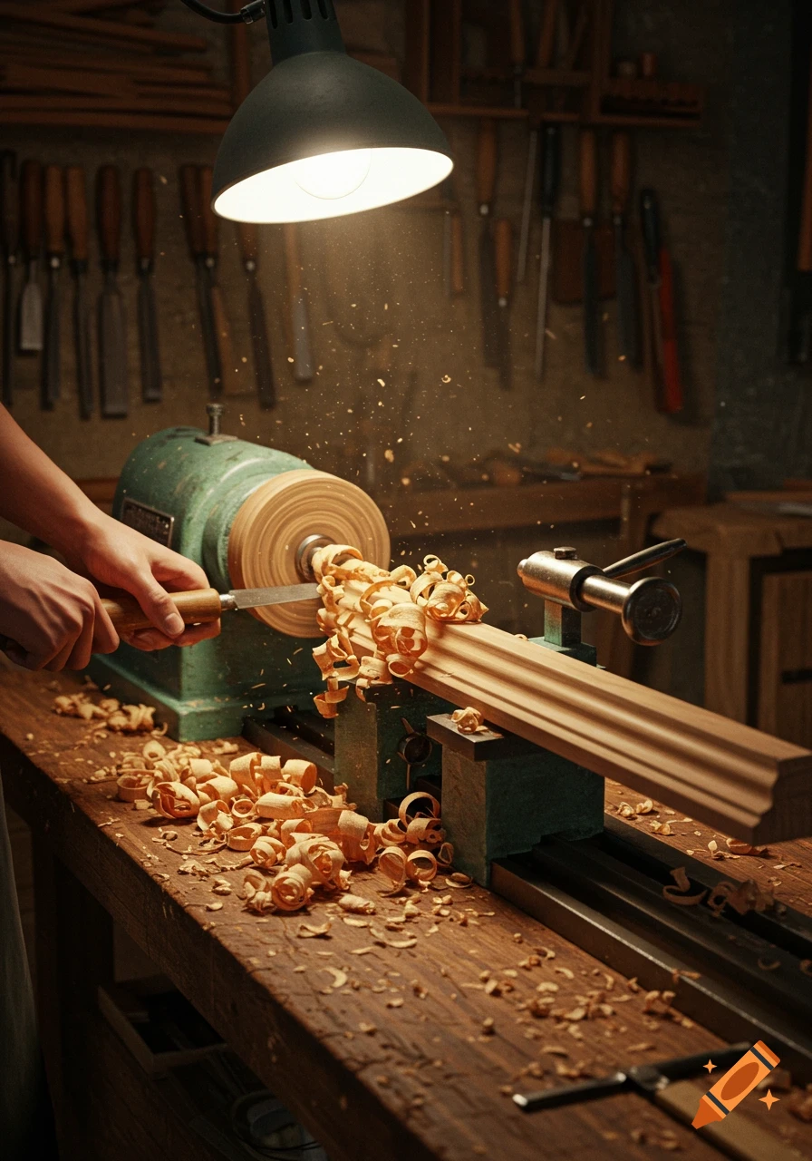 Hands shaping wood on a lathe, producing shavings in a photorealistic, warmly lit workshop.