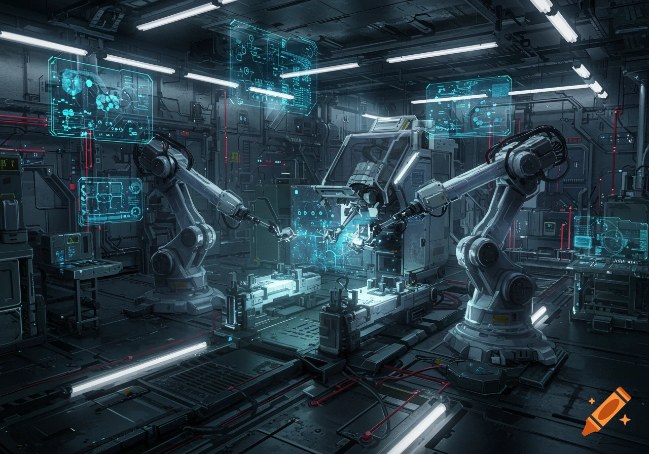 Photorealistic image of robotic arms working on a glowing holographic interface in a futuristic laboratory.