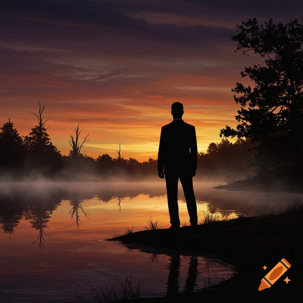 A man's silhouette stands by a lake, facing a vibrant orange and purple sunset with misty water.