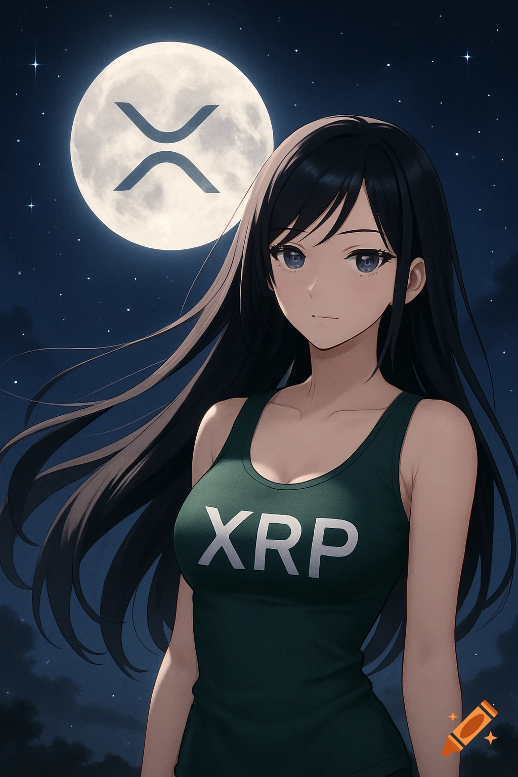 Anime woman with long black hair wearing a green 'XRP' tank top, standing under a moon with an XRP logo in a starry night sky.