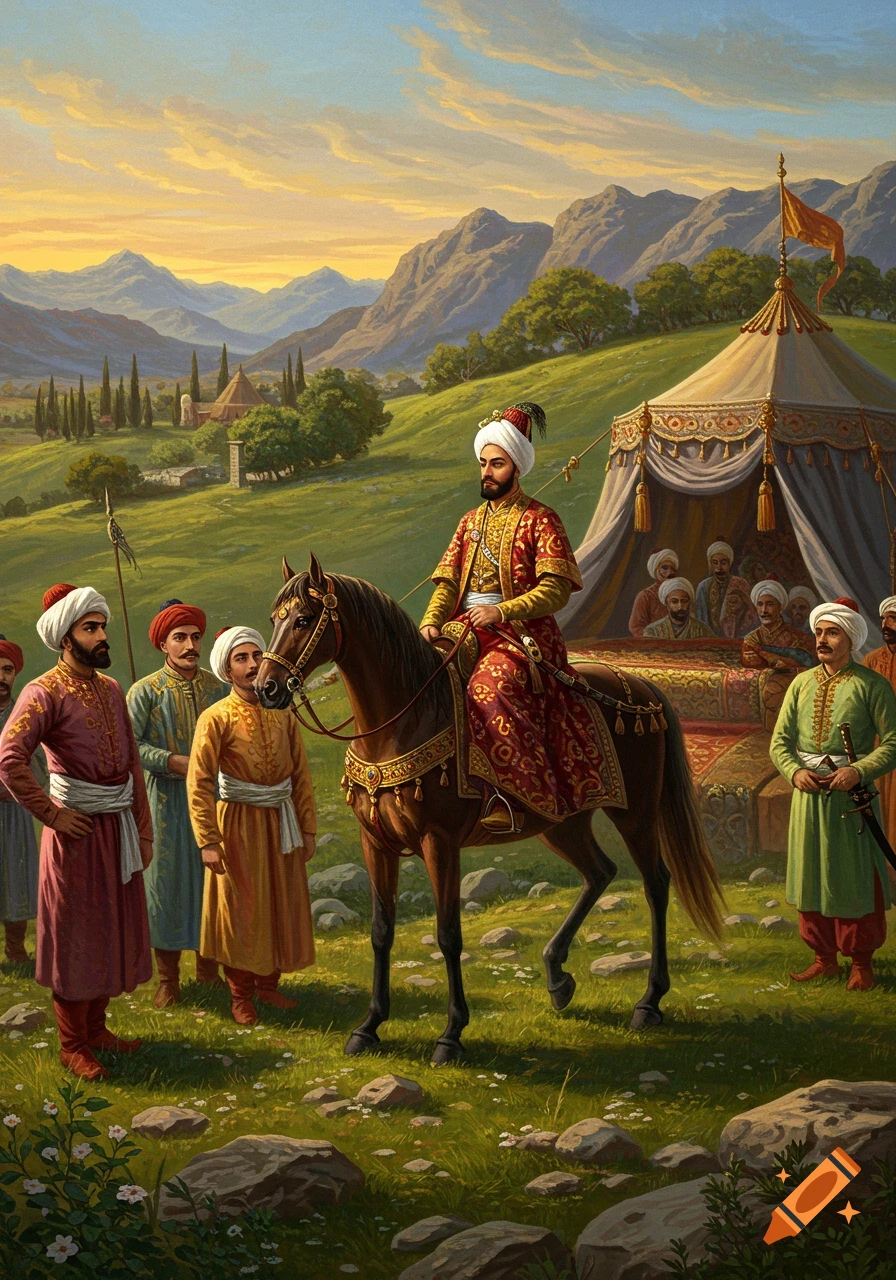 A richly dressed Fath-Ali Shah Qajar on horseback with courtiers and a royal tent in a lush, mountainous landscape, painted in classical style.