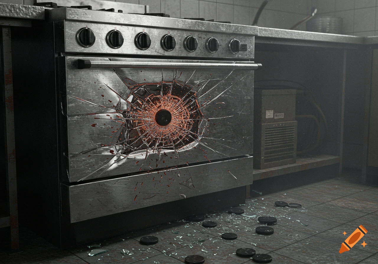 A damaged stainless steel oven with a shattered glass door, red splatters resembling blood, and broken glass shards with hockey pucks on the tiled floor in a grungy kitchen.