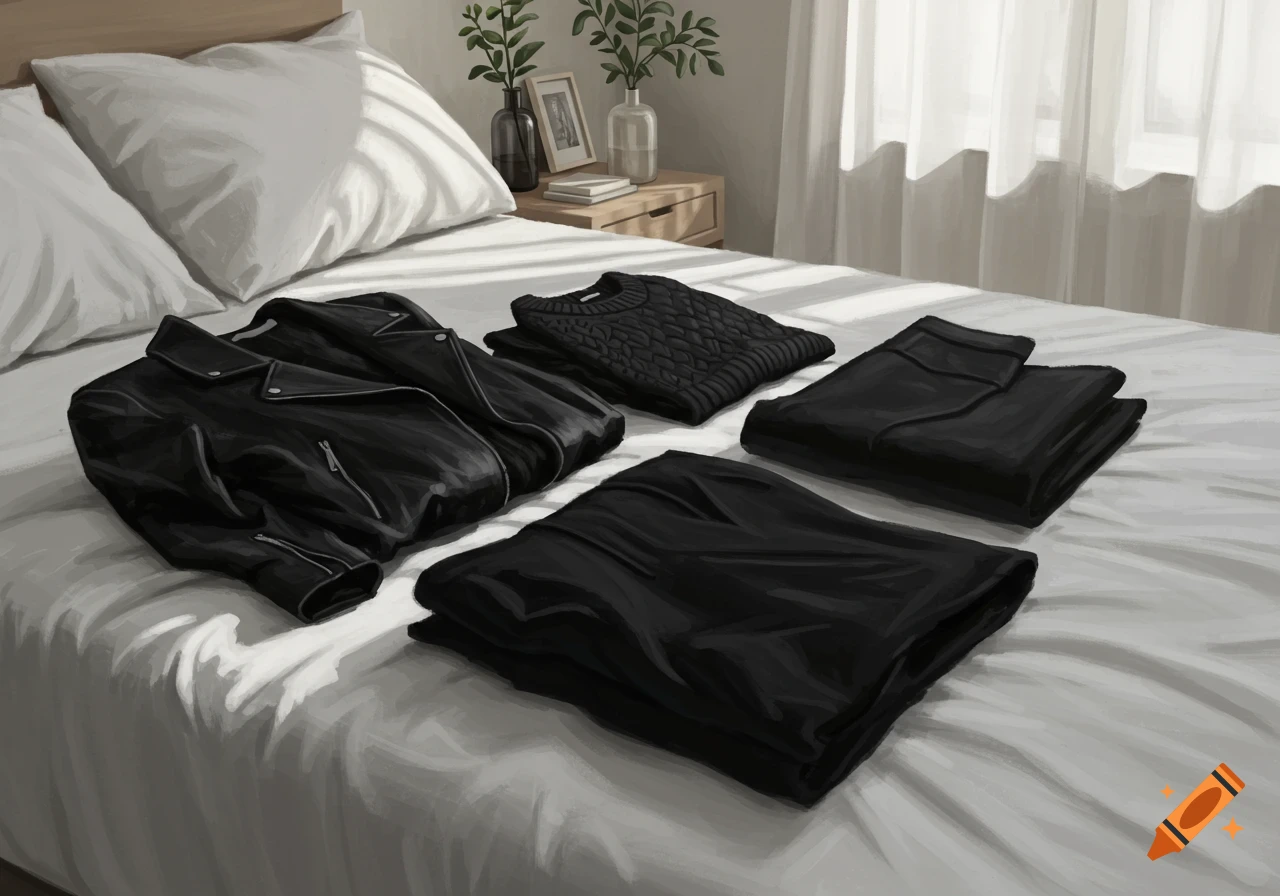 Black leather jacket, cable-knit sweater, and folded garments neatly arranged on a white bed in an illustrative style.