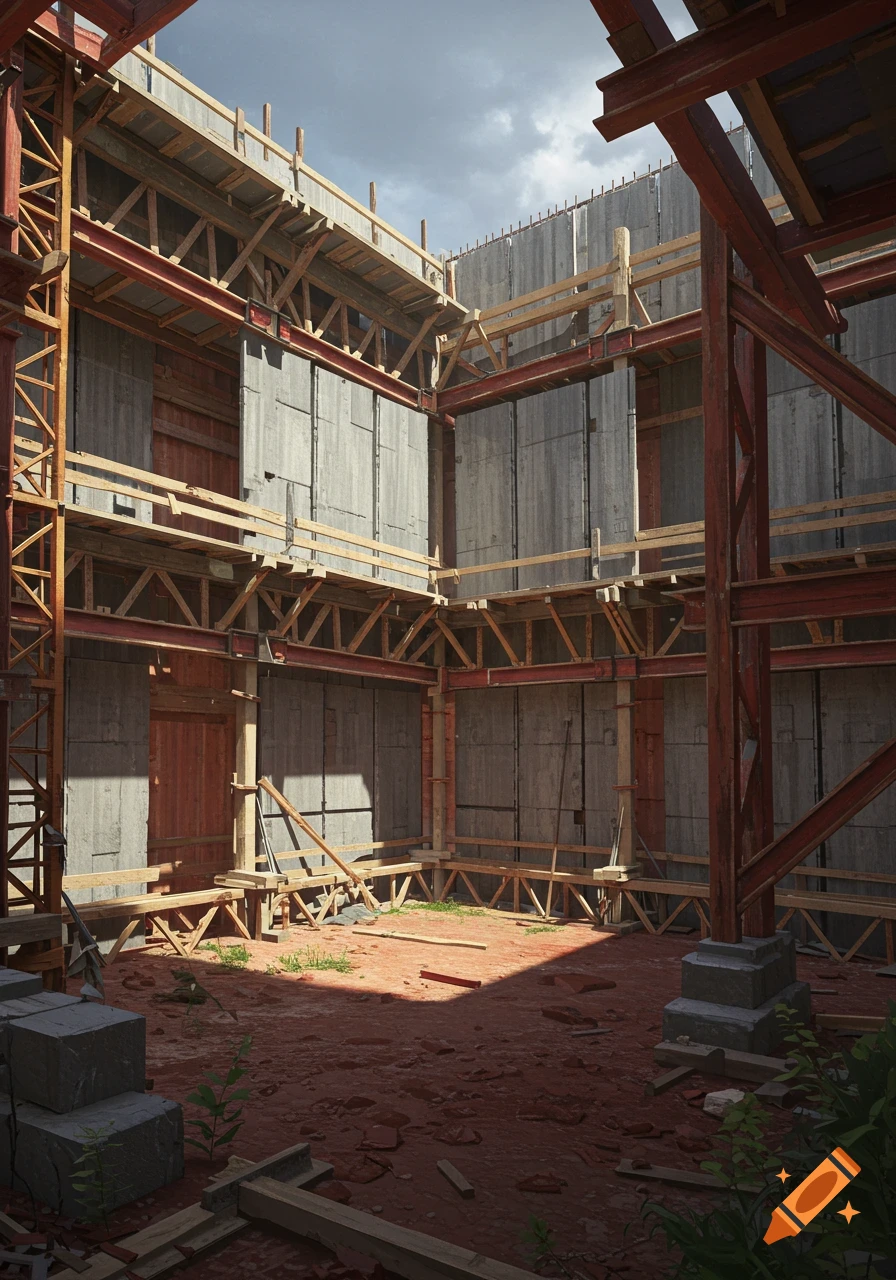 Photorealistic view inside an unfinished building under construction, featuring wooden scaffolding, red beams, gray walls, and a dirt floor.