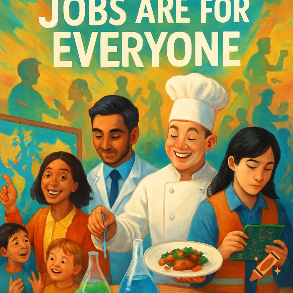 An illustration of a diverse group of adults and children in various professions, including a chef, scientist, and student, with the text 'JOBS ARE FOR EVERYONE'.