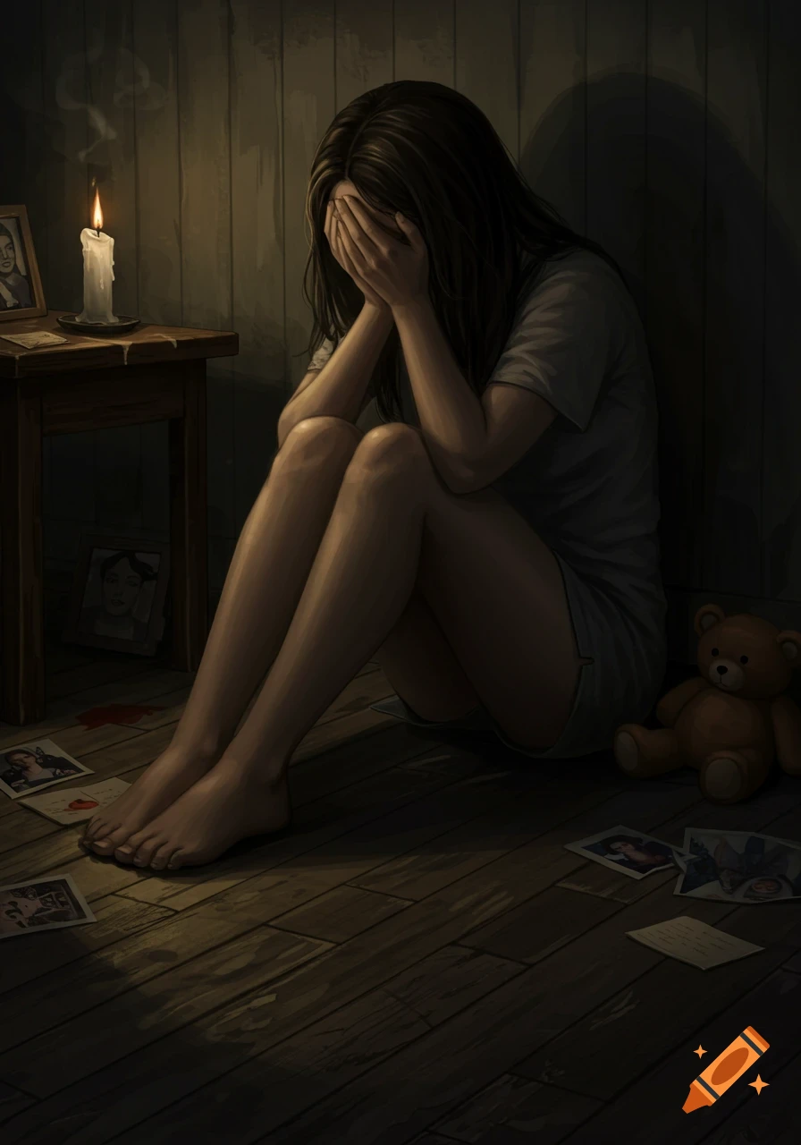 A stylized illustration of a young woman crying, sitting on a dim wooden floor surrounded by scattered photos, a lit candle, and a teddy bear.