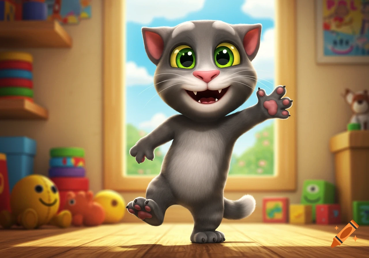 A grinning gray cartoon cat, My Talking Tom, stands on a wooden floor in a toy-filled room, waving one paw.
