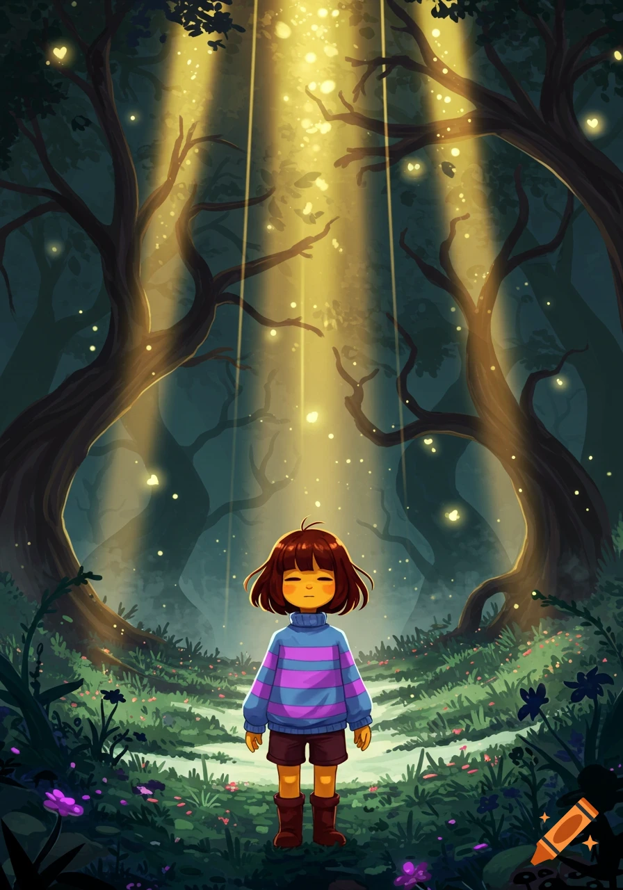 Frisk from Undertale stands in a mystical forest bathed in golden light beams.