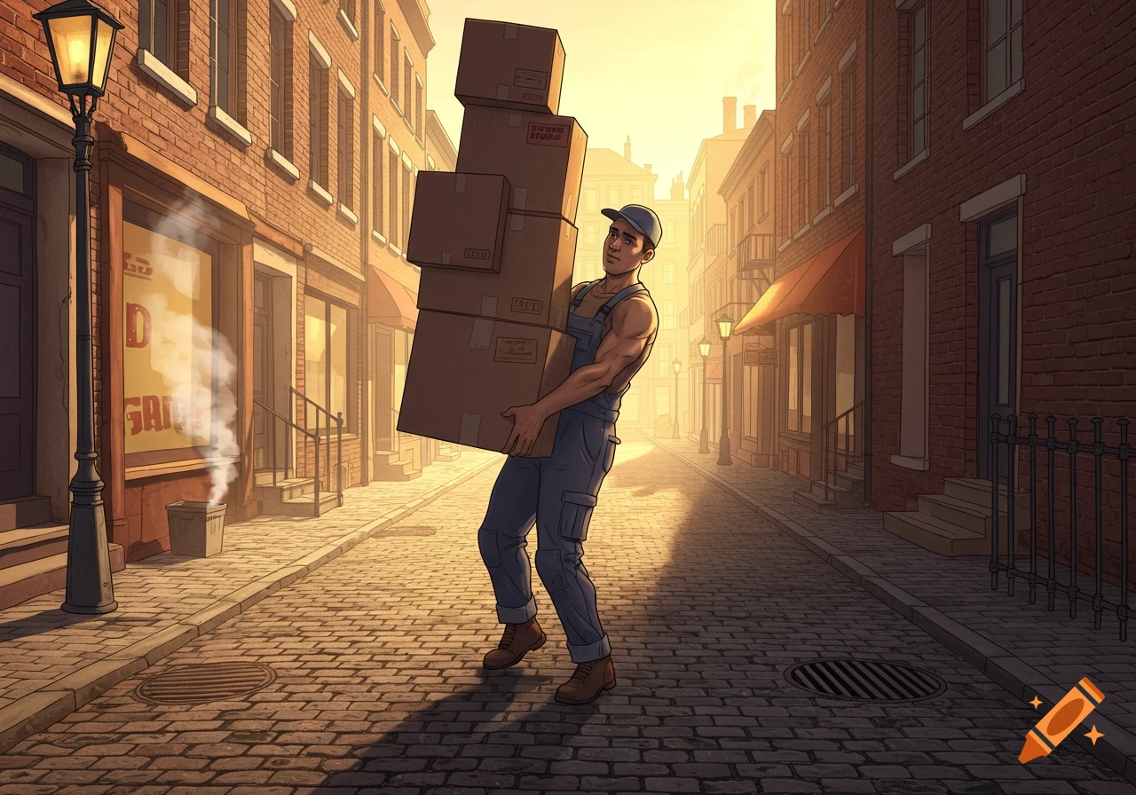 A muscular man in overalls and a cap struggles to carry a tall stack of moving boxes down a cobblestone city street at sunset, in an illustration style.