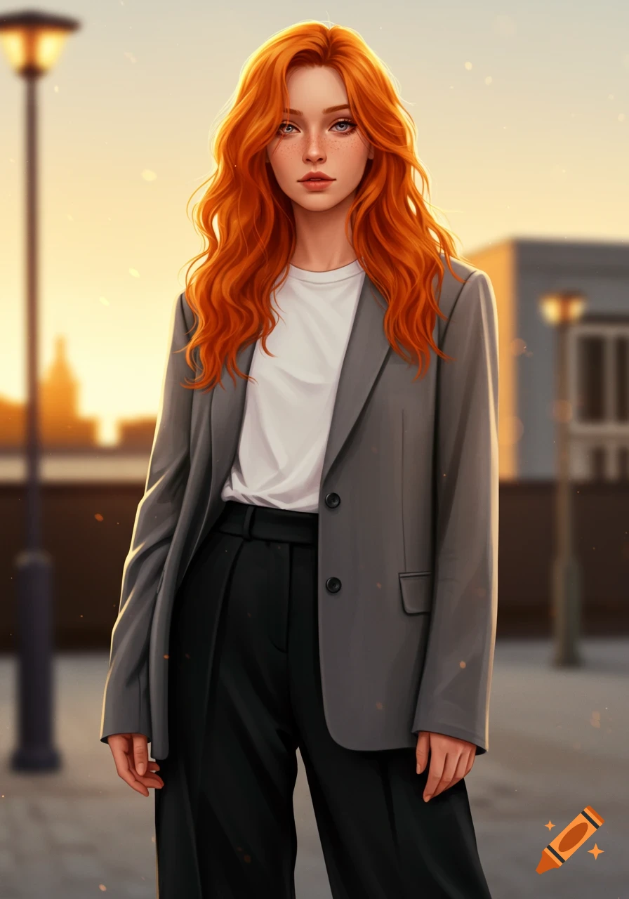 A stylized portrait of a young woman with long wavy orange hair, wearing a white t-shirt, a gray blazer, and black wide-leg trousers, standing outdoors at sunset.