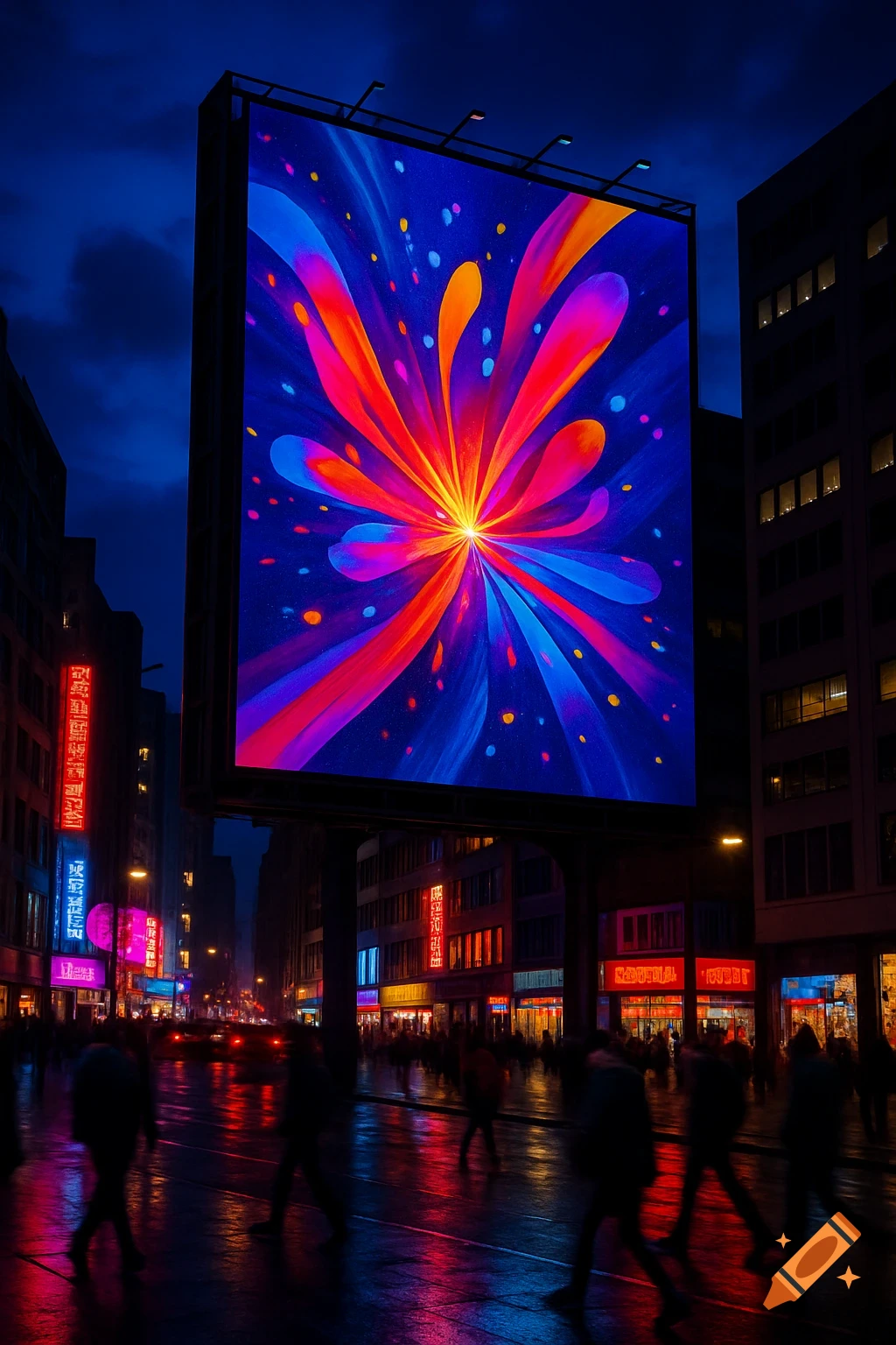 A vibrant, colorful abstract design illuminates a large billboard overlooking a bustling city street at night, with reflections on the wet pavement.