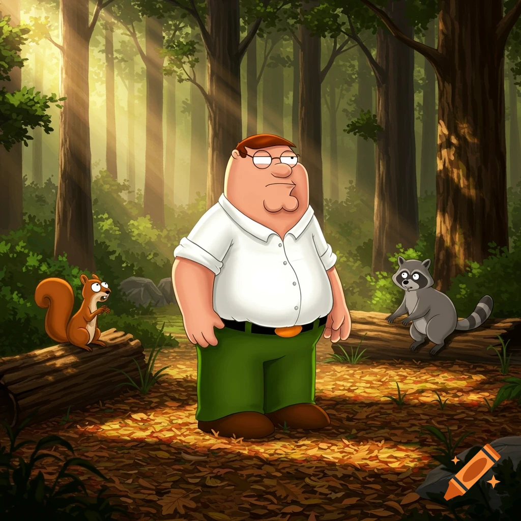 Peter Griffin stands in a sunlit forest between a squirrel and a raccoon in a cartoon style.