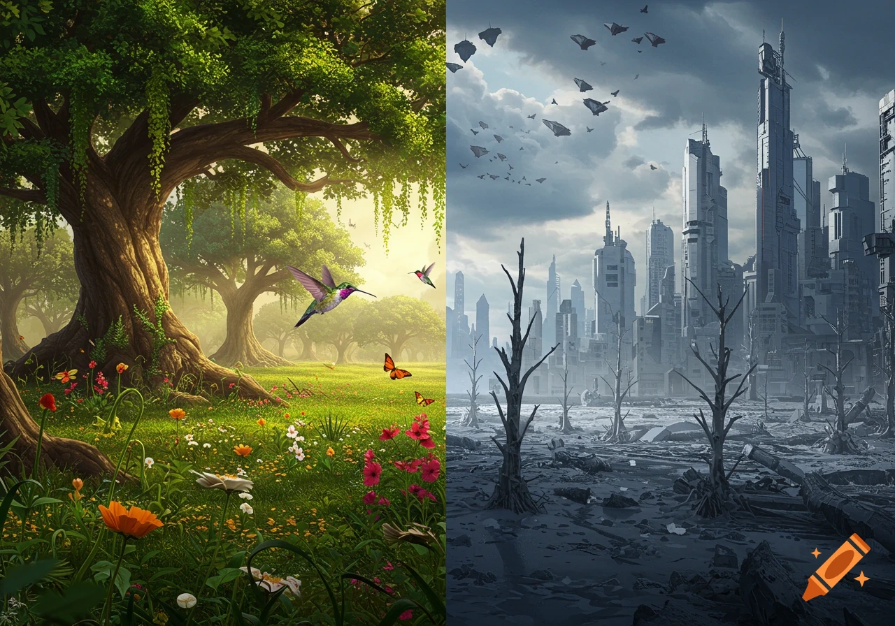 A split image contrasting a vibrant, lush forest with wildlife and flowers, and a desolate, ruined city with skyscrapers and dead trees.