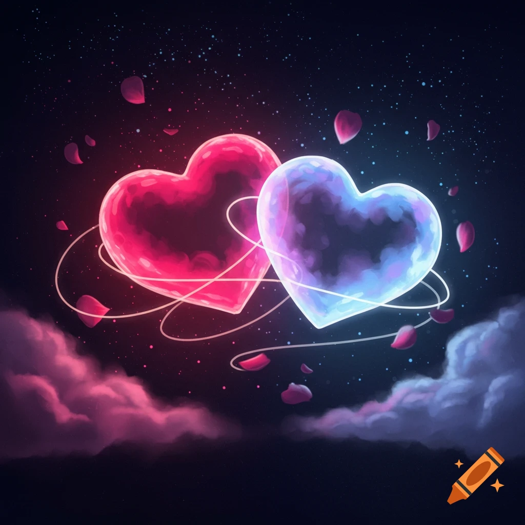 Two glowing pink and blue hearts float in a starry night sky with rose petals and ethereal clouds.