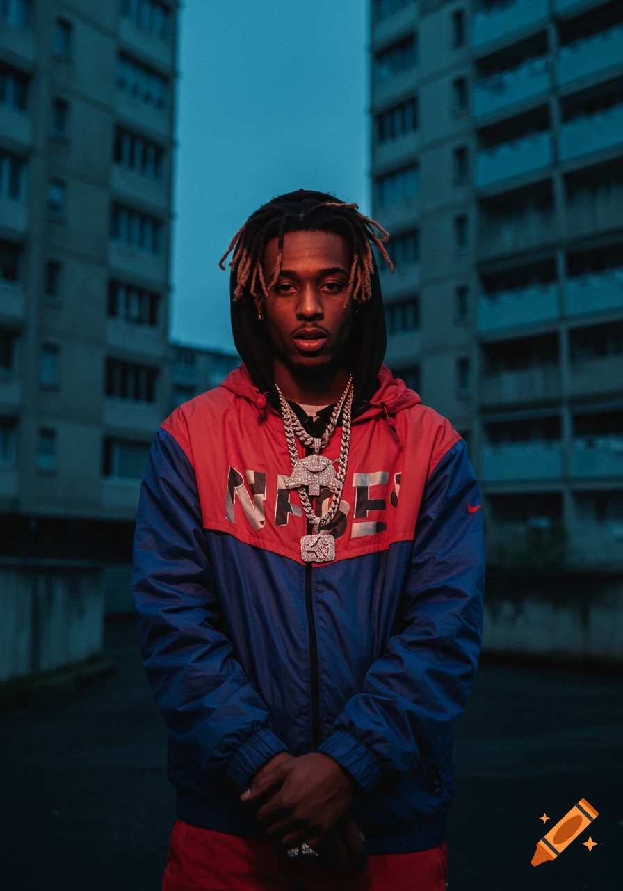A young man with dreadlocks wears a red and blue windbreaker, chains, and a hoodie, standing against concrete apartment buildings at dusk.